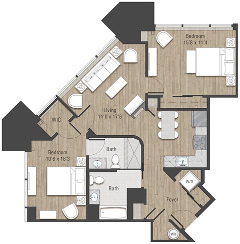 Floor plan for 2 beds, 2 baths, 1055 sqft